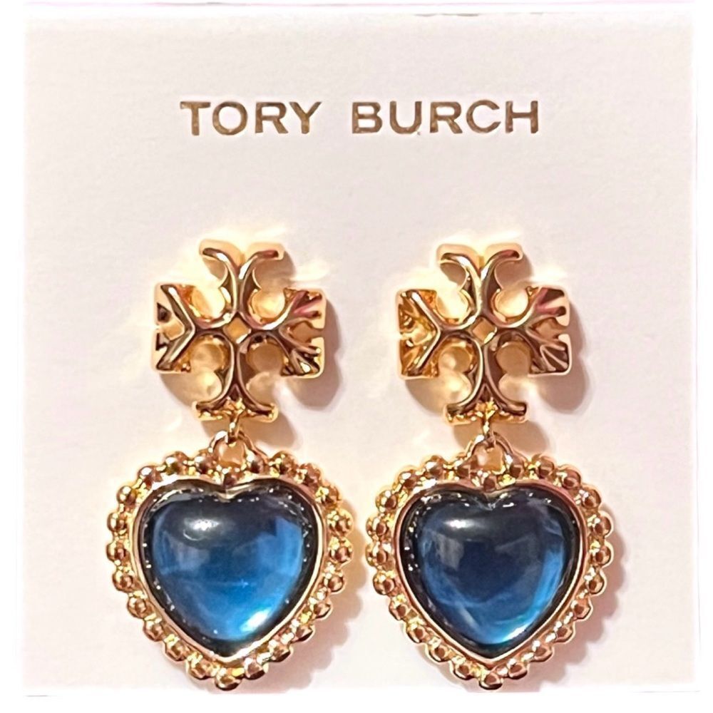 Tory Burch Gold Tone Logo Blue Heart Drop Earrings